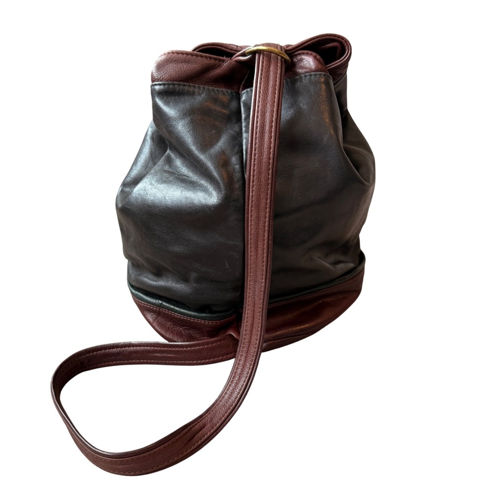 Leather Drawstring Bucket Bag in Black and Burgundy